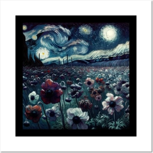 Enchanted Flower Garden Night: Anemone Starry Floral Posters and Art